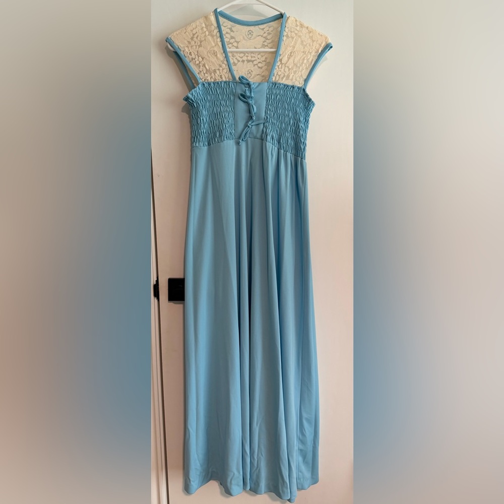 Custom vintage-style blue maxi dress with smocked bodice and lace sixe XS